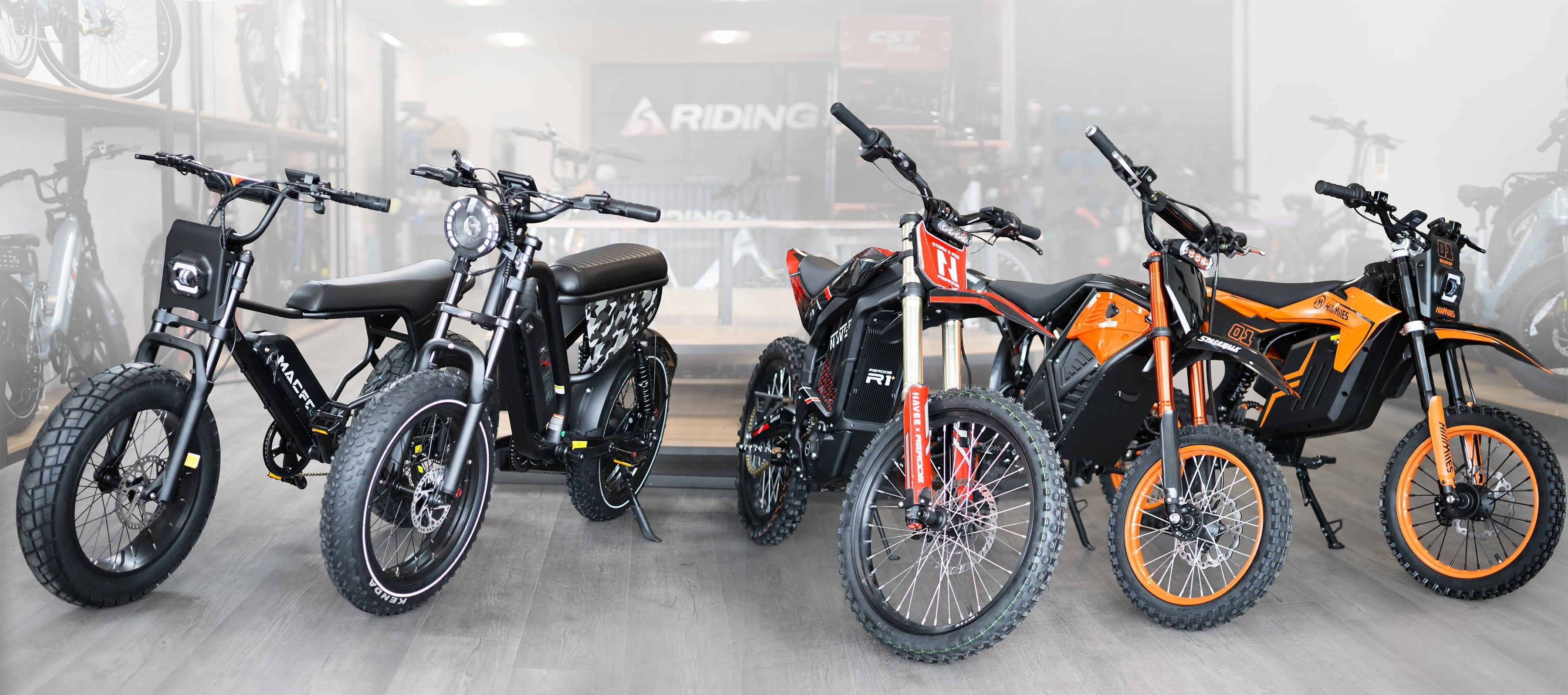 Electric bikes on display at a Riding 5 store location