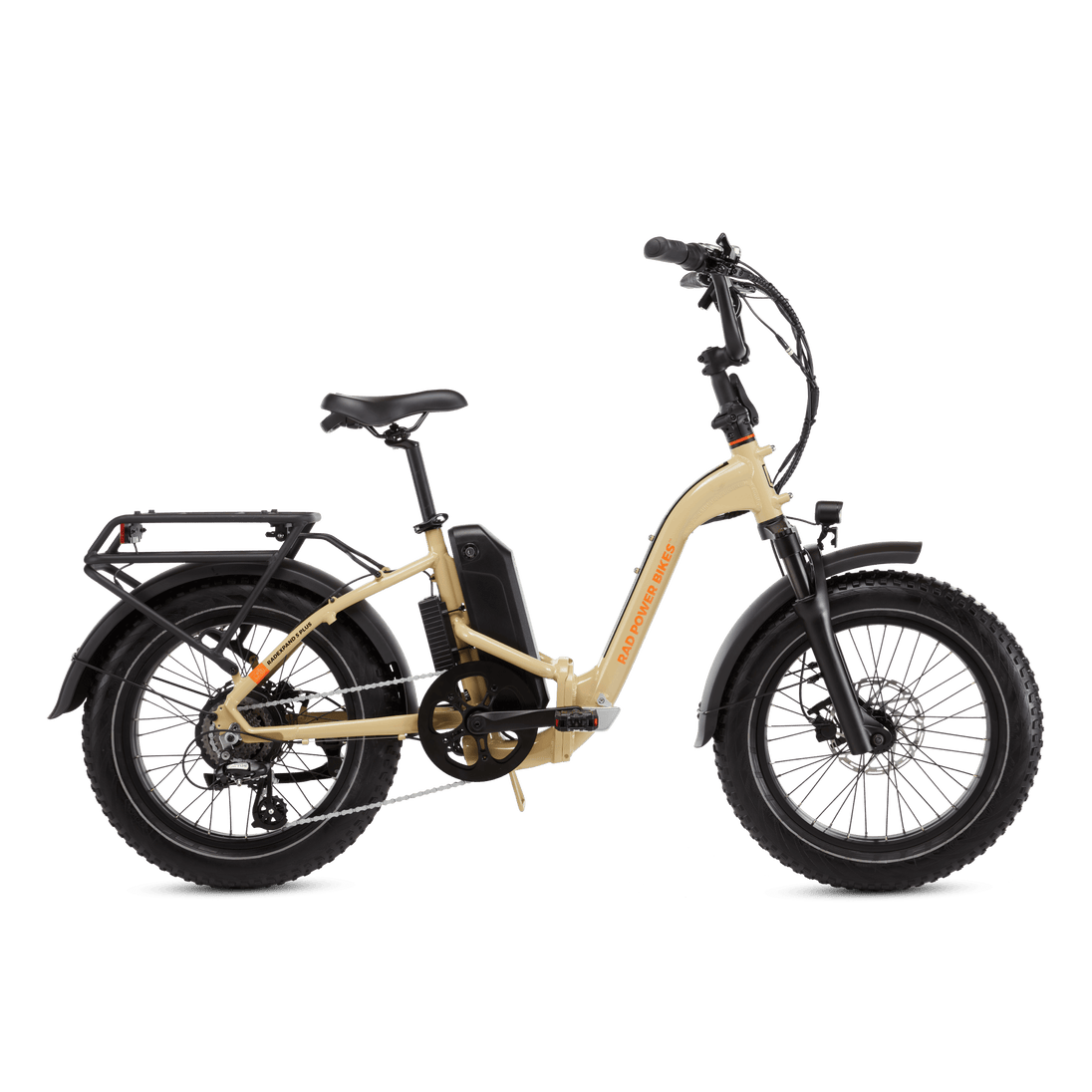 Right side view of a RadExpand 5 Plus electric folding bike in stone tan