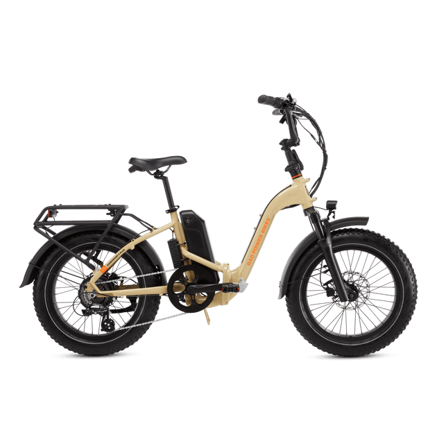Right side view of a RadExpand 5 Plus electric folding bike in stone tan