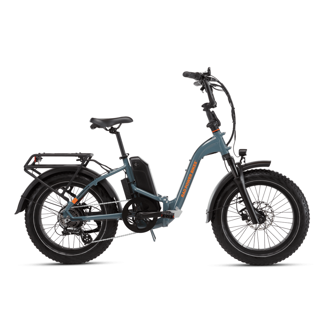 Right side view of a RadExpand 5 Plus electric folding bike in slate blue