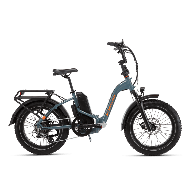 Right side view of a RadExpand 5 Plus electric folding bike in slate blue