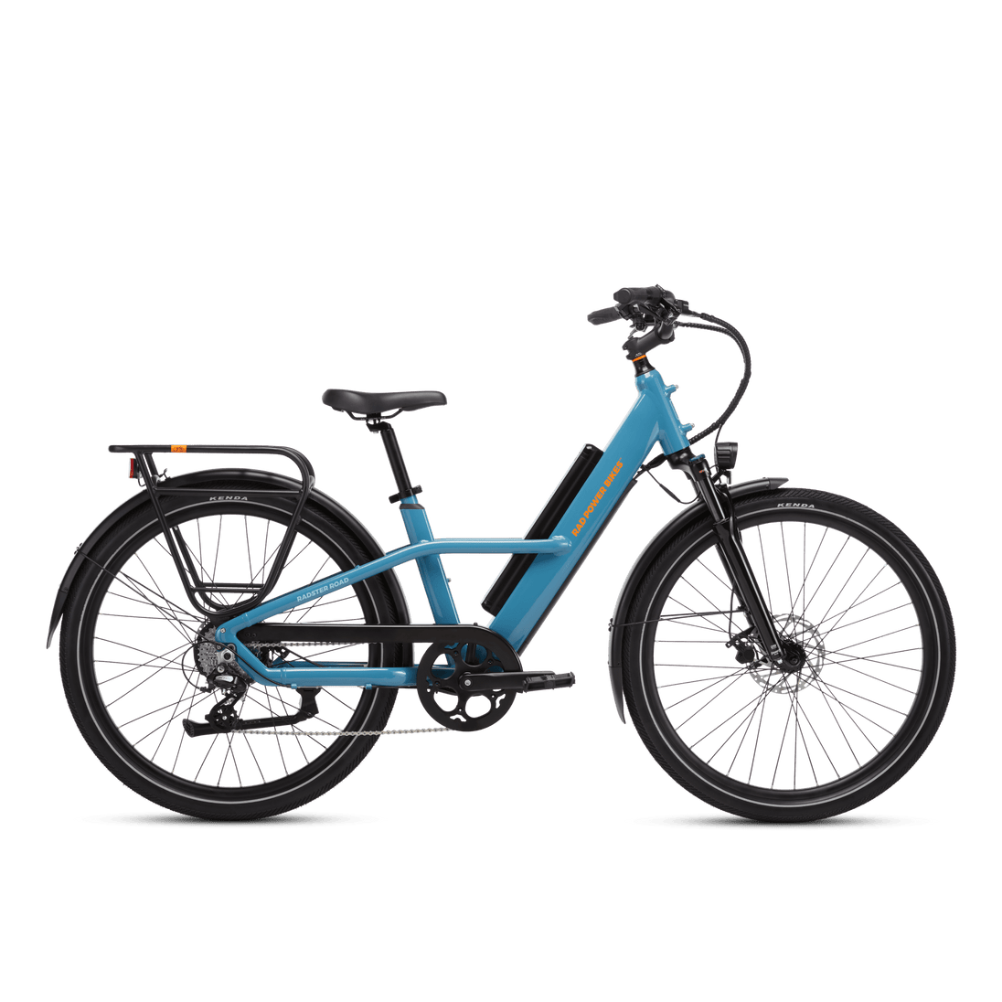 Right side view of a Radster Road electric commuter bike, size large in bay blue