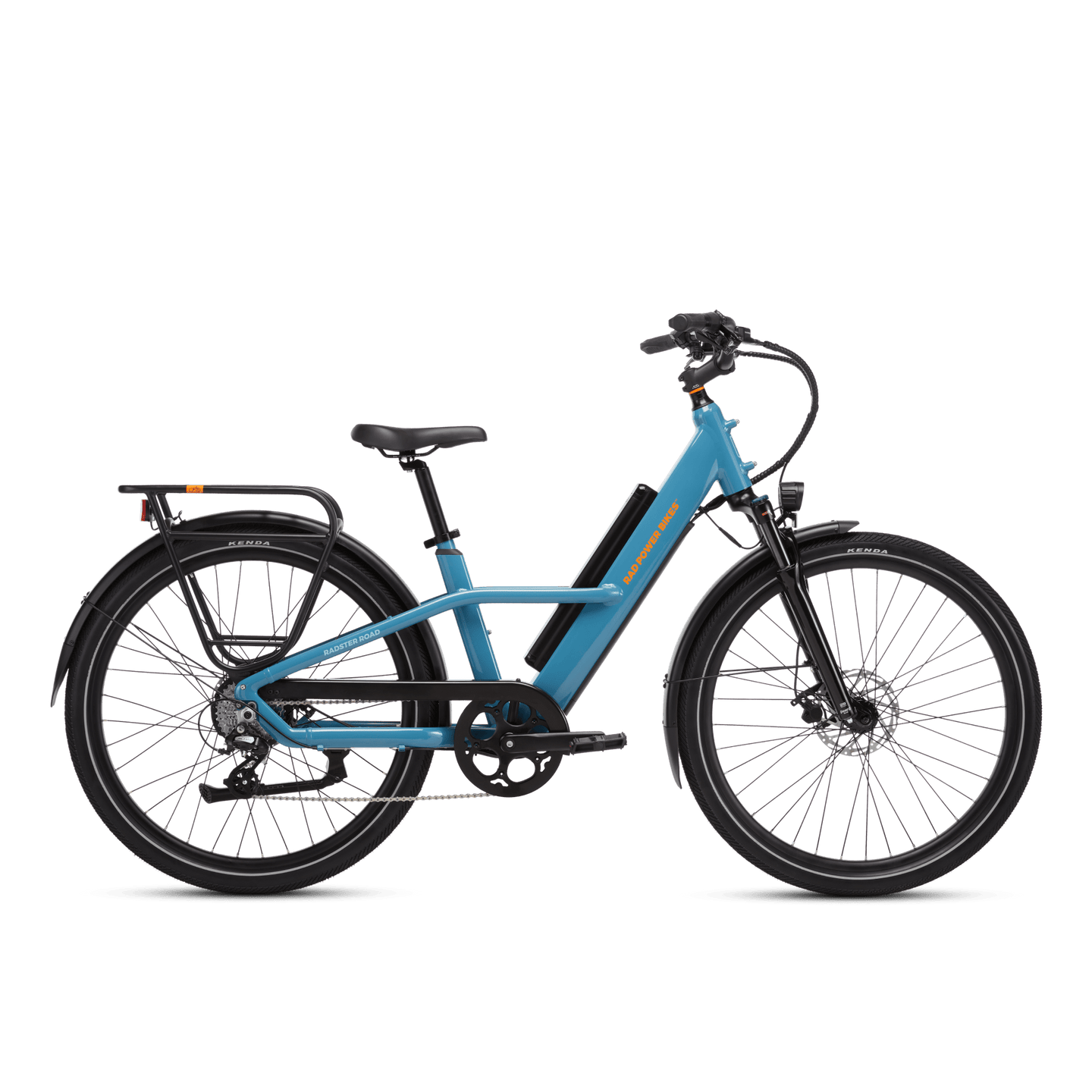 Right side view of a Radster Road electric commuter bike, size large in bay blue
