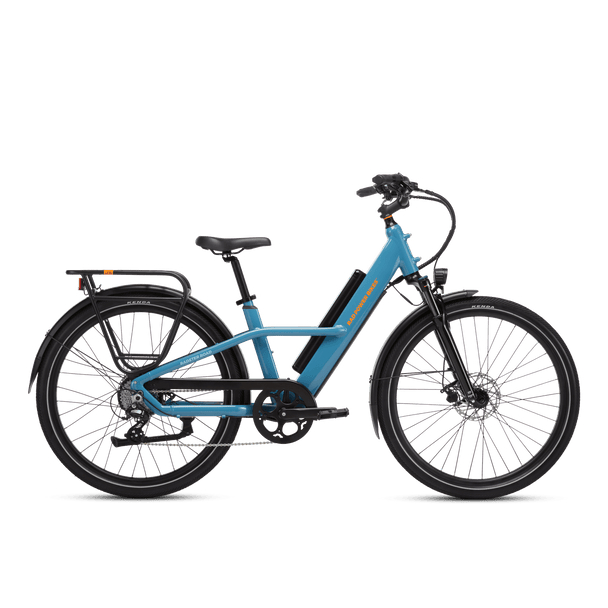 Right side view of a Radster Road electric commuter bike, size large in bay blue