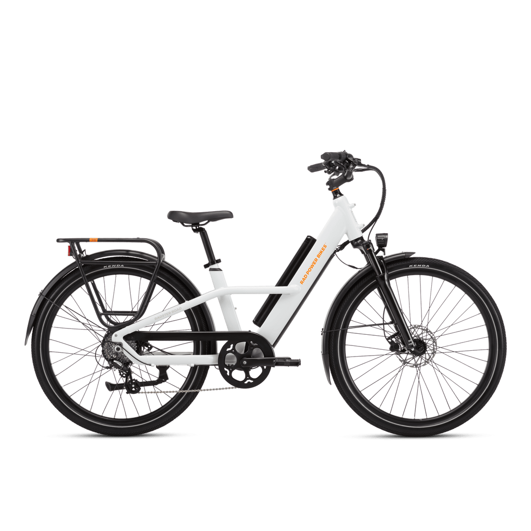 Right side view of a Radster Road electric commuter bike, size large in lunar white
