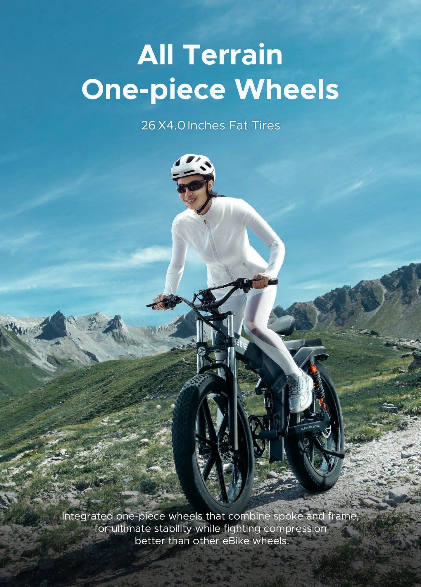 a woman riding a black engwe x26 folding electric bike on a mountainous terrain