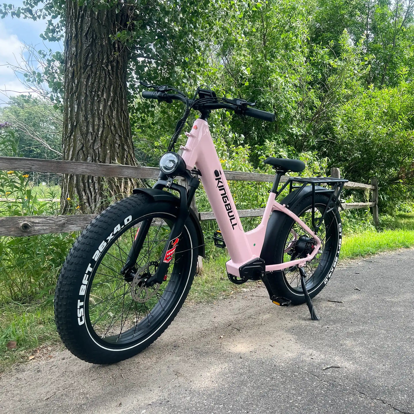 A pink kingbull electric bike is parked in the trail.
