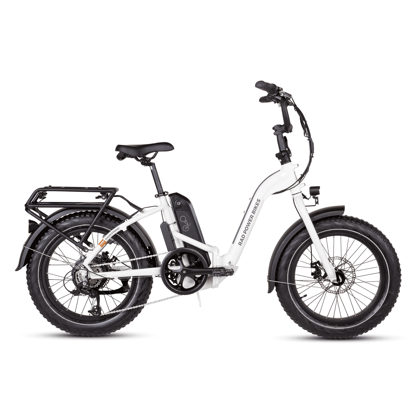 Side view of a white RadExpand 5 electric folding bike