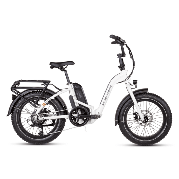 Side view of a white RadExpand 5 electric folding bike