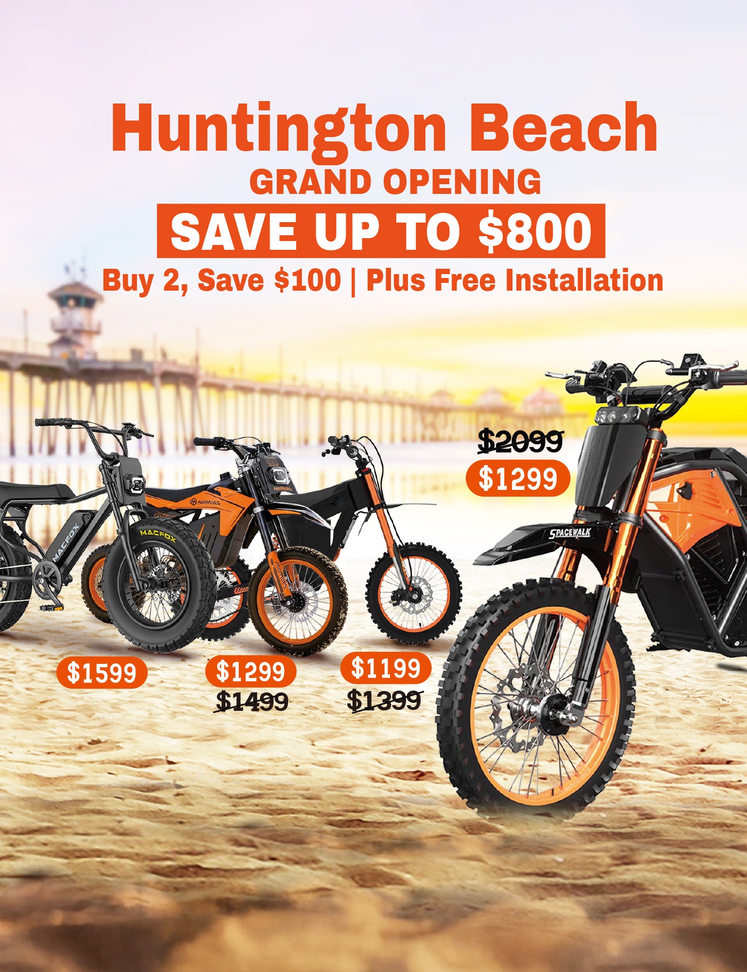 Macfox electric bikes and e-motos and dirt bikes on Huntington Beach pier with grand opening sale promotion offering up to $800 off