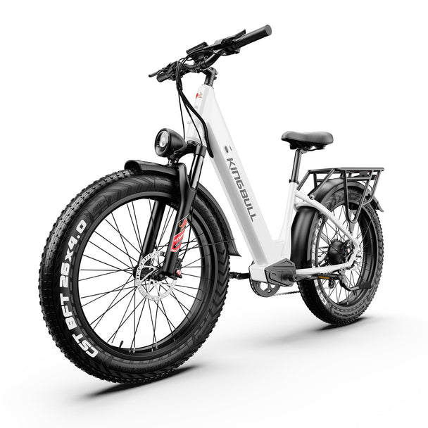 Detail shot of Kingbull Discover ST 2.0 white bike focusing on handlebar and display components