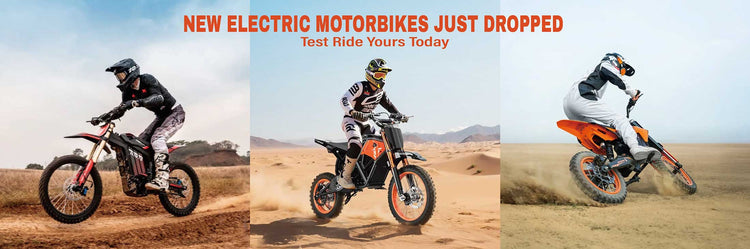 Three electric motorbike riders in action on a desert landscape with promotional text.