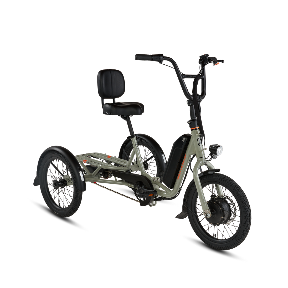 Angled side view of RadTrike electric tricycle showing rear platform, drivetrain and headlight.