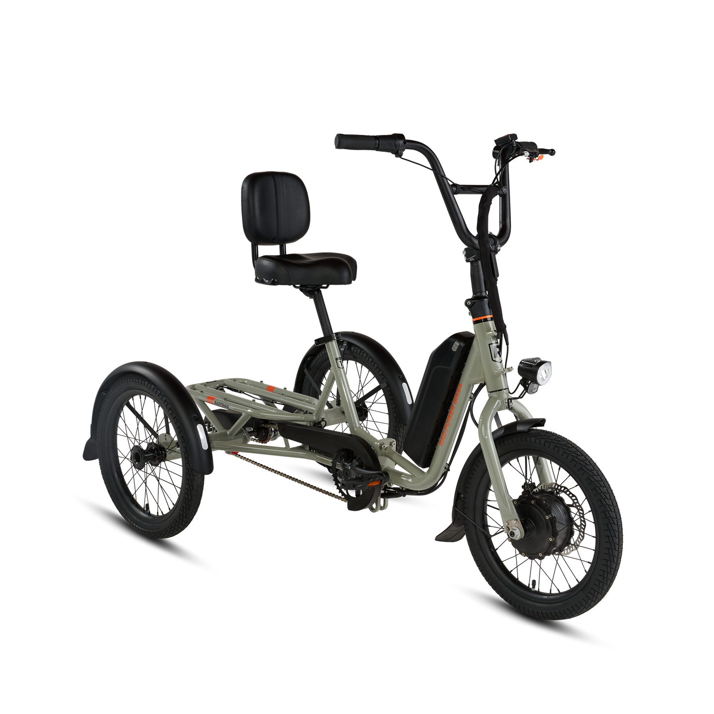Angled side view of RadTrike electric tricycle showing rear platform, drivetrain and headlight.