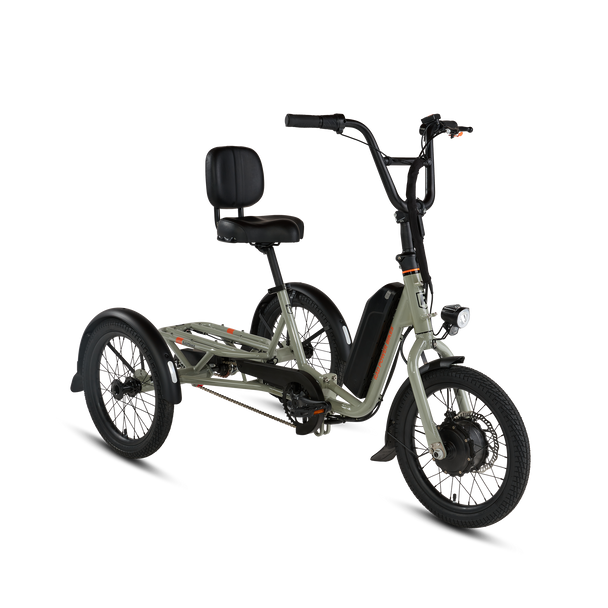 Angled side view of RadTrike electric tricycle showing rear platform, drivetrain and headlight.