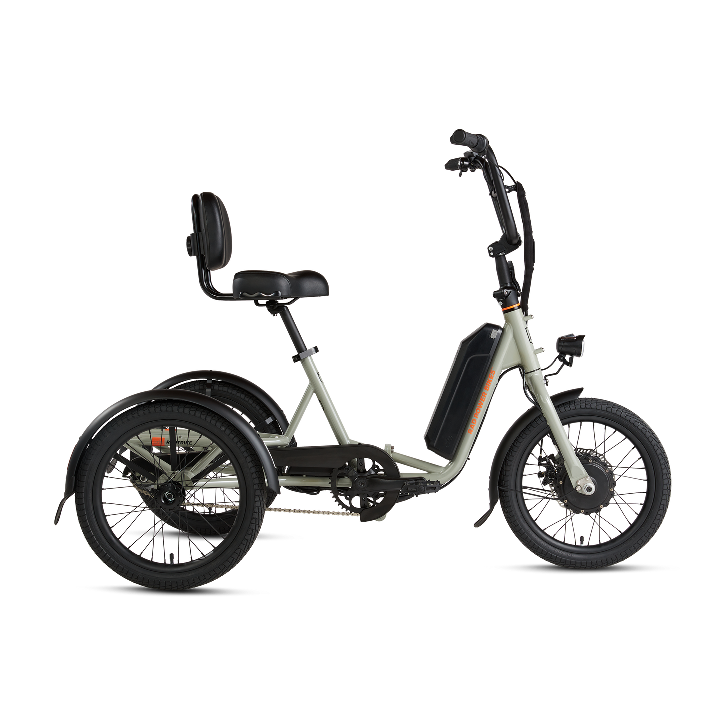 Side view of gray RadTrike electric tricycle with comfort saddle and adjustable handlebars.
