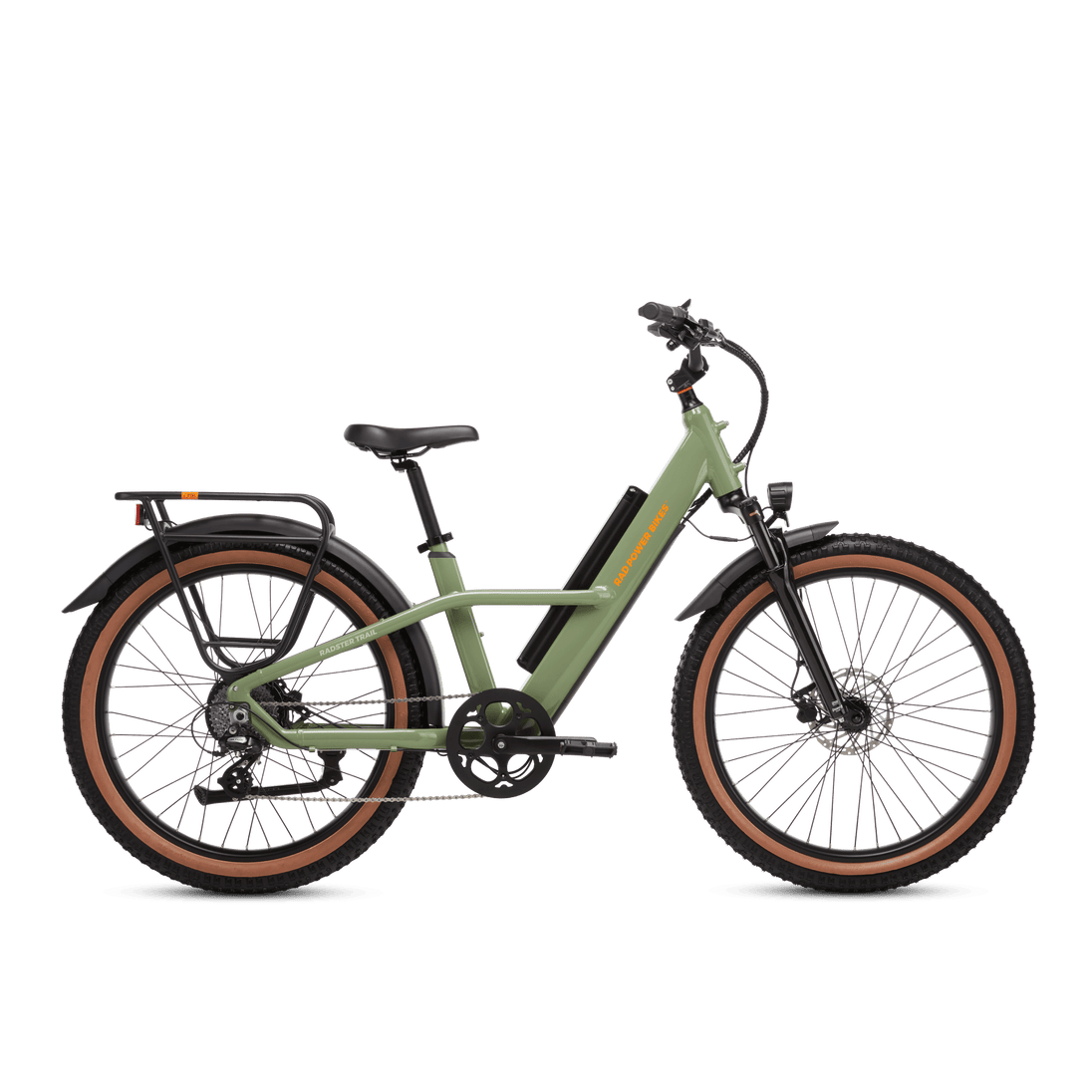 Right side view of a Radster Trail electric commuter bike, size large in fir green