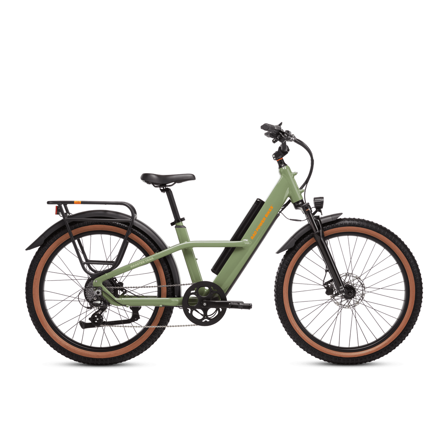 Right side view of a Radster Trail electric commuter bike, size large in fir green