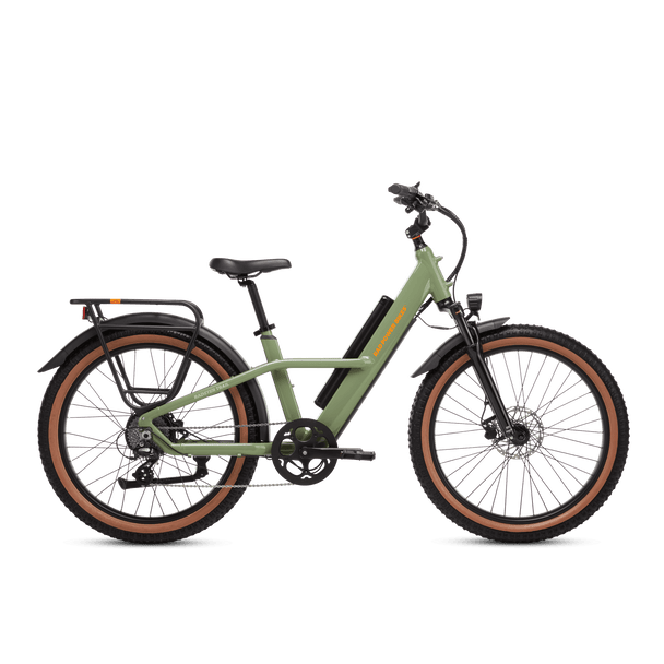 Right side view of a Radster Trail electric commuter bike, size large in fir green
