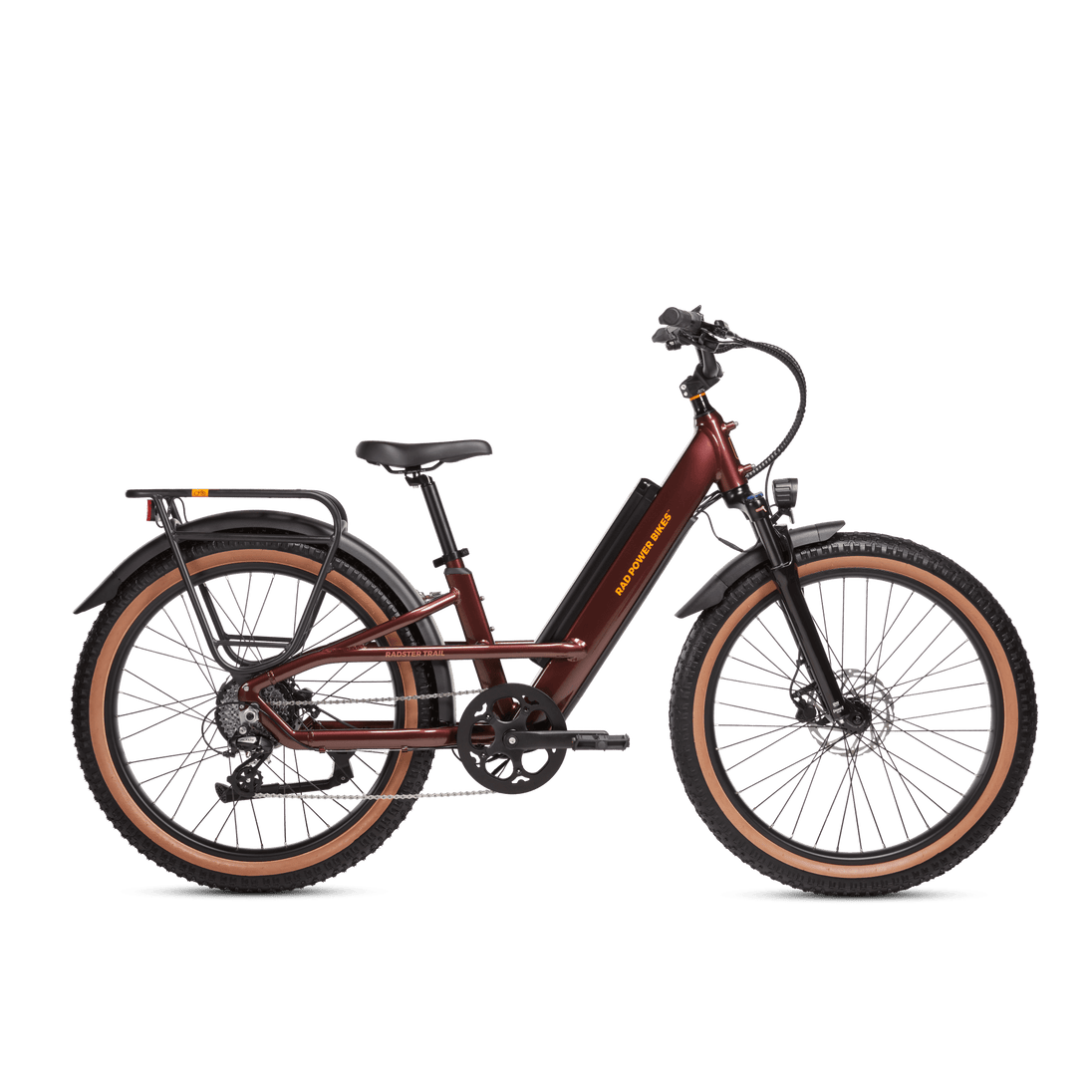 Right side view of a Radster Trail electric commuter bike, size regular in copper red