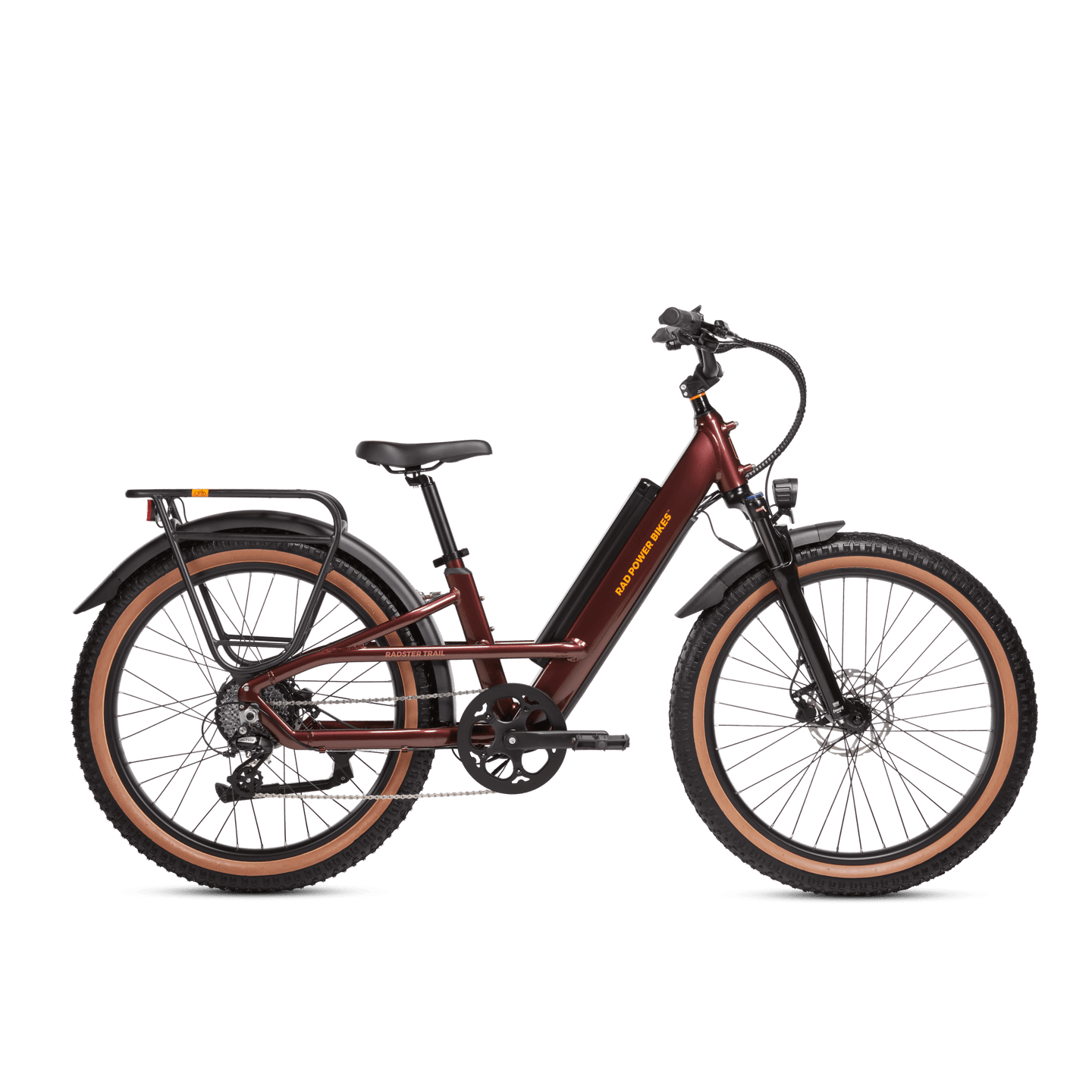 Right side view of a Radster Trail electric commuter bike, size regular in copper red