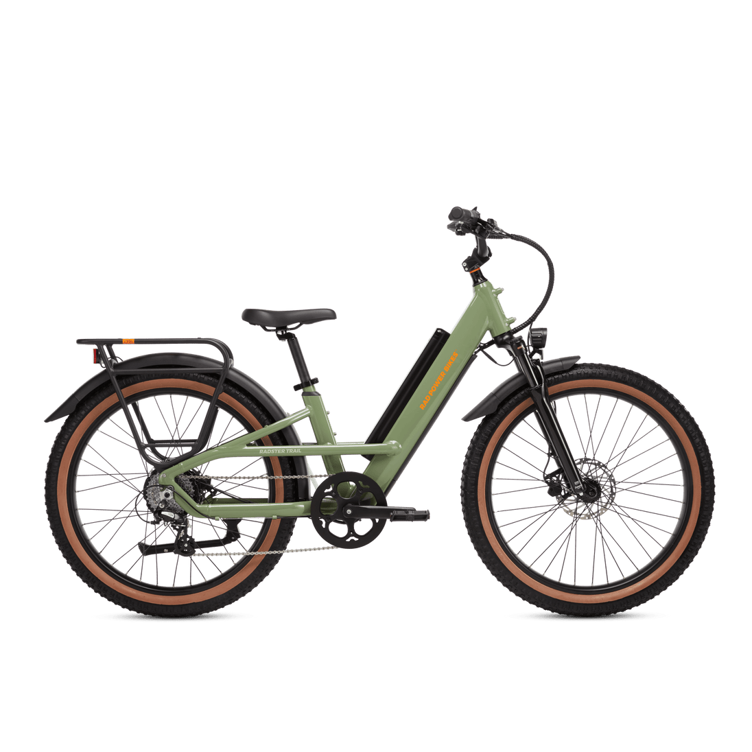 Right side view of a Radster Trail electric commuter bike, size regular in fir green