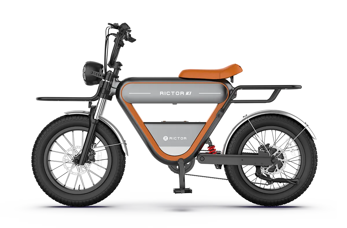 Rictor K1 Retro-style electric motorcycle with sturdy frame front and rear
