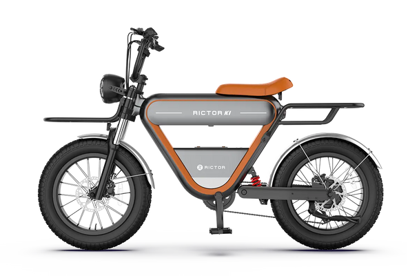 Rictor K1 Retro-style electric motorcycle with sturdy frame front and rear