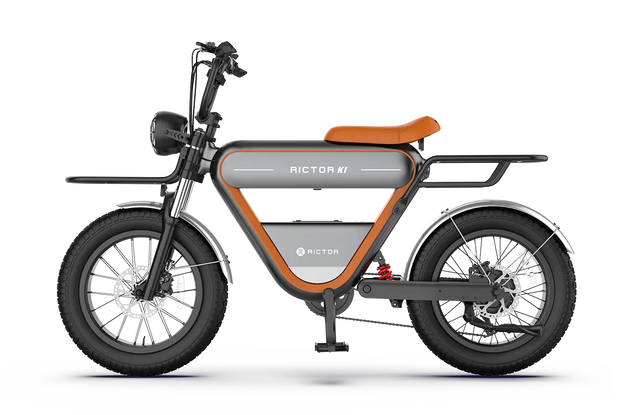 Rictor K1 Retro-style electric motorcycle with sturdy frame front and rear