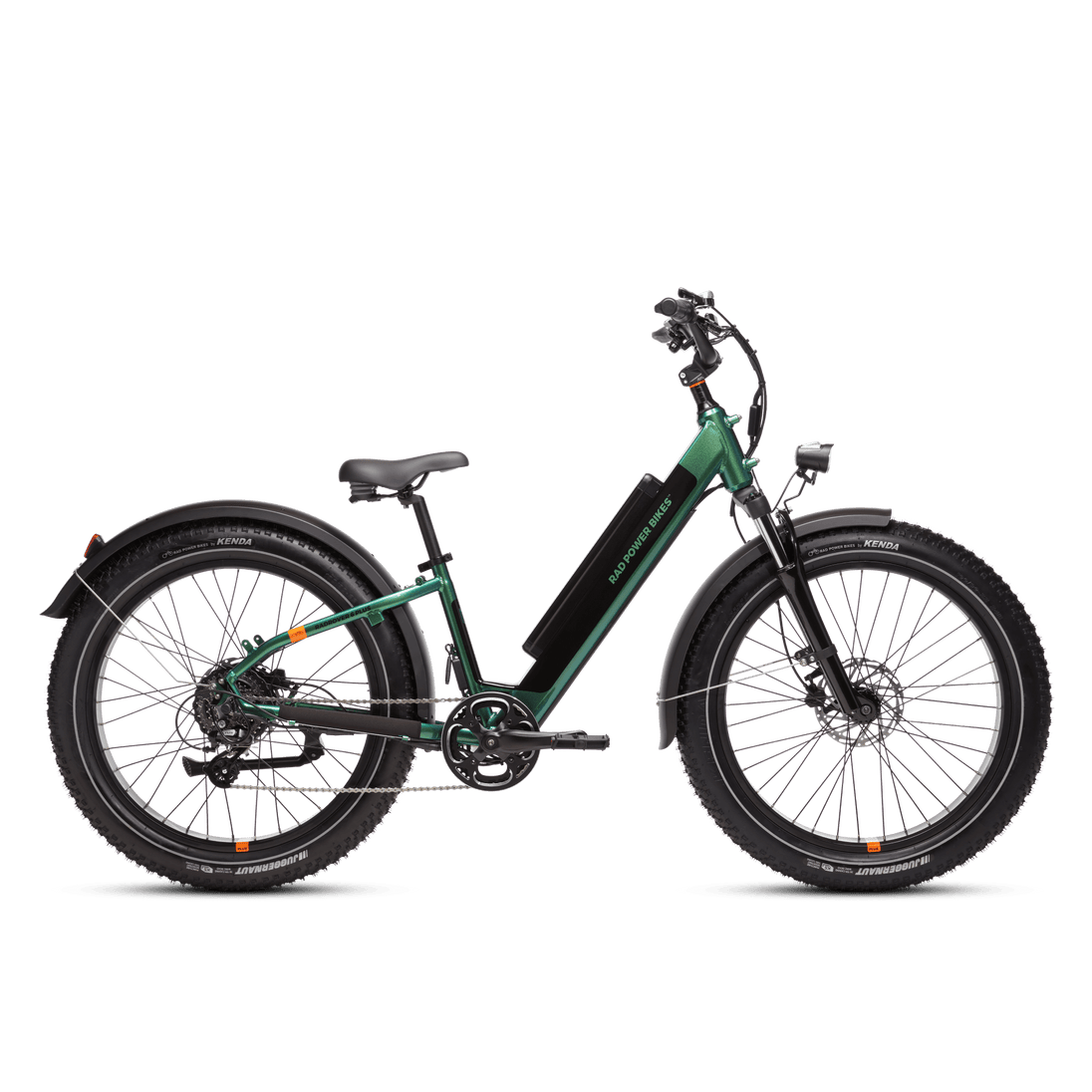 Side view of a green RadRover 6 Plus step-thru electric fat tire bike