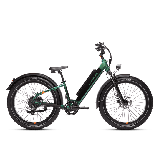 Side view of a green RadRover 6 Plus step-thru electric fat tire bike