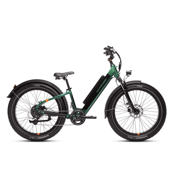 Side view of a green RadRover 6 Plus step-thru electric fat tire bike