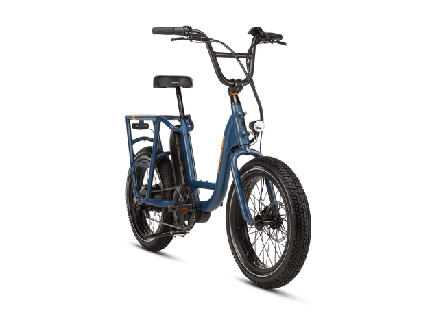 Right angle of a blue RadRunner electric cargo utility bike on a white background.