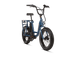Right angle of a blue RadRunner electric cargo utility bike on a white background.