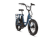 Right angle of a blue RadRunner electric cargo utility bike on a white background.