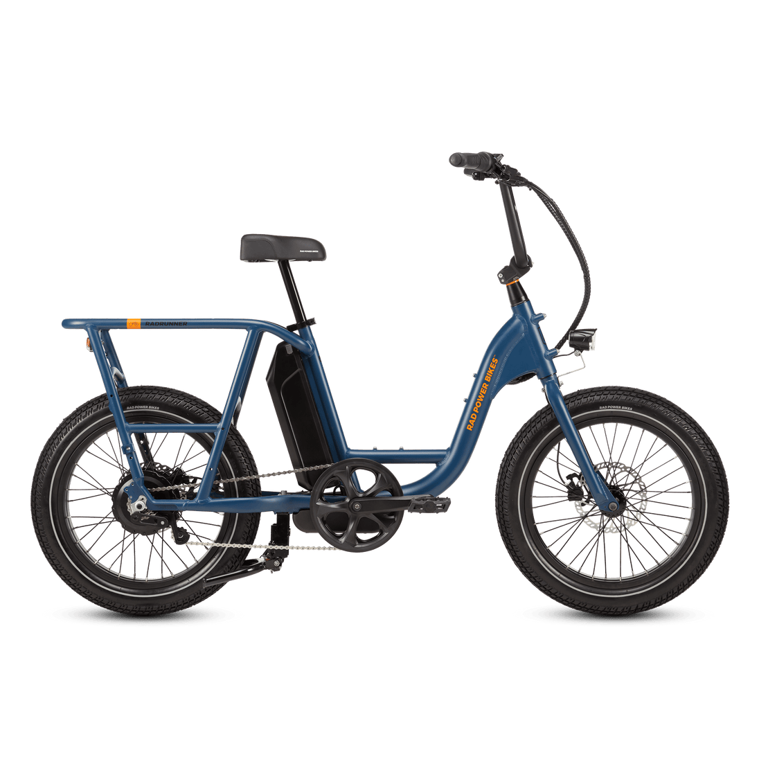 Right side of a blue RadRunner cargo utility ebike on a white background.