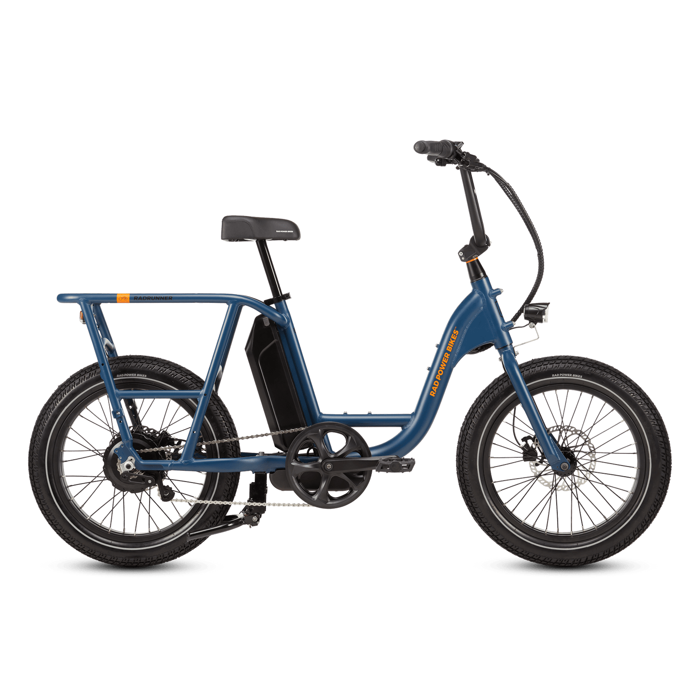 Right side of a blue RadRunner cargo utility ebike on a white background.
