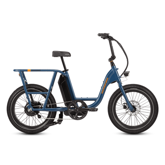 Right side of a blue RadRunner cargo utility ebike on a white background.