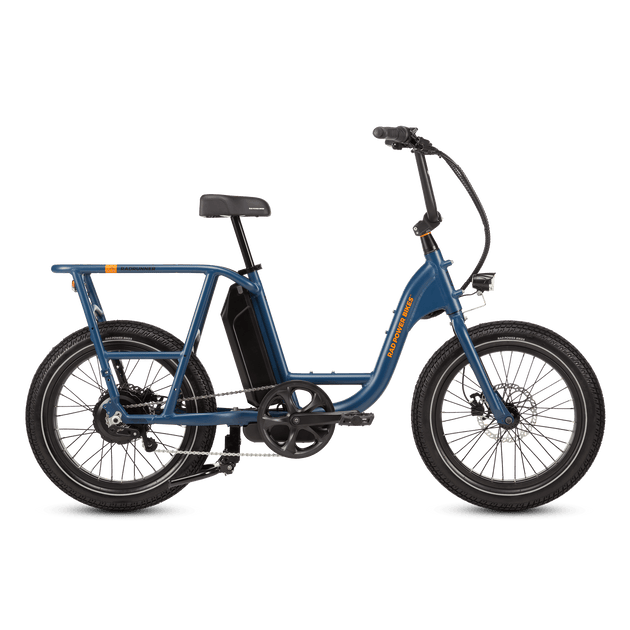 Right side of a blue RadRunner cargo utility ebike on a white background.