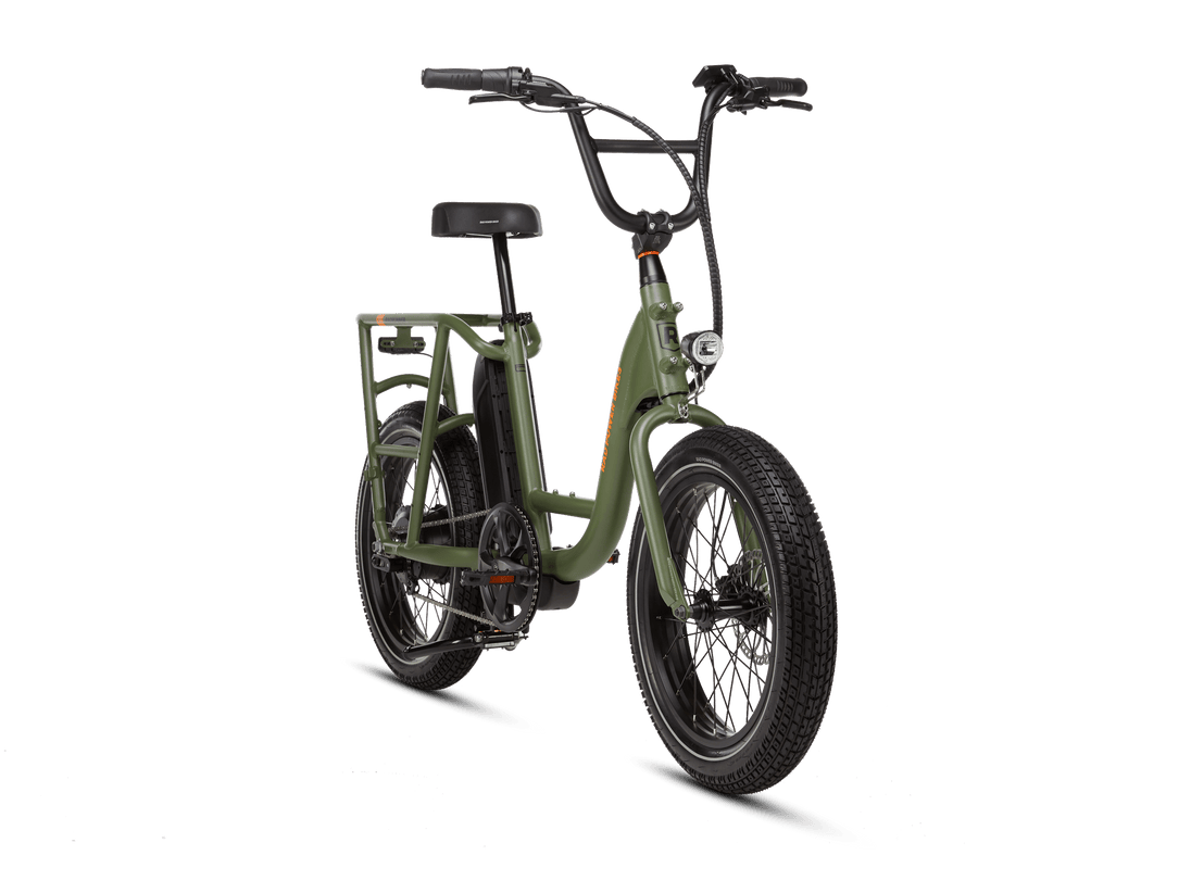 Right angle of a green RadRunner electric cargo utility bike on a white background.
