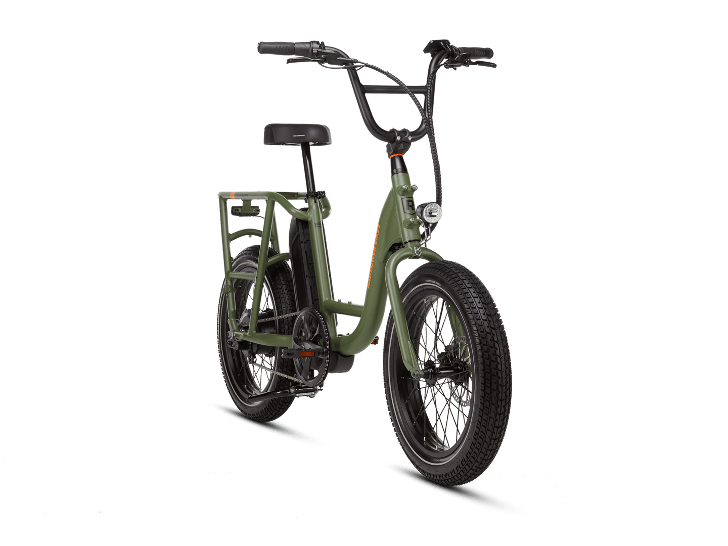 Right angle of a green RadRunner electric cargo utility bike on a white background.
