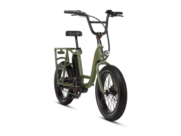 Right angle of a green RadRunner electric cargo utility bike on a white background.