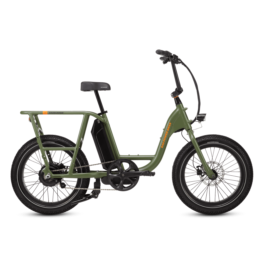 Right side of a green RadRunner cargo utility ebike on a white background.