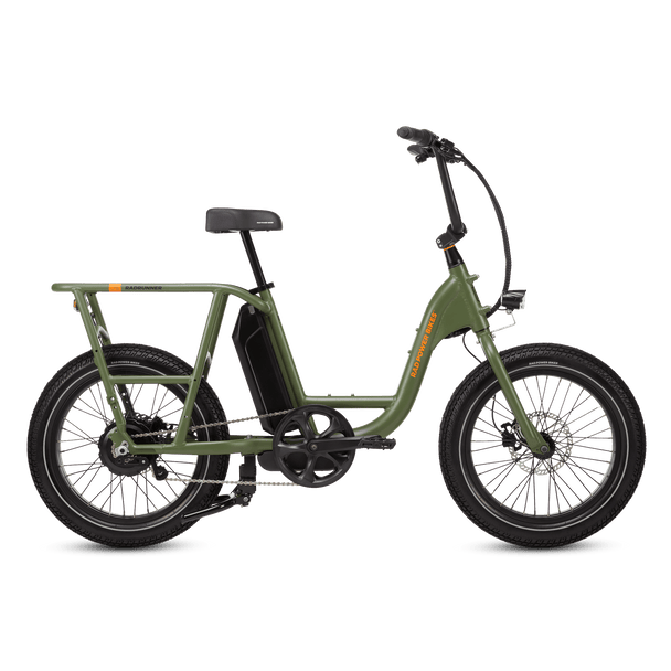 Right side of a green RadRunner cargo utility ebike on a white background.