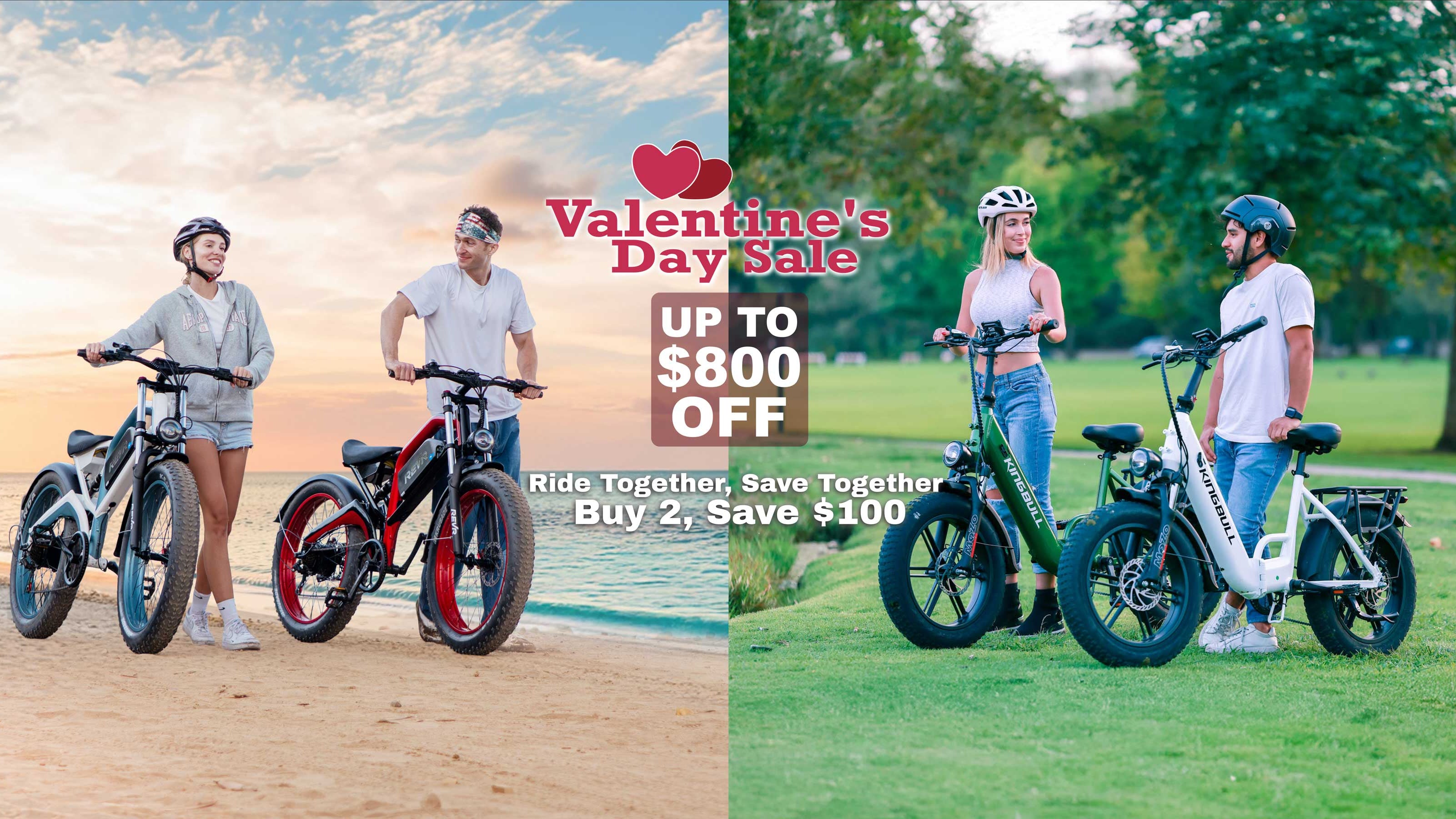 Couples riding electric bikes together with Valentine's Day sale promotion offering up to $800 off