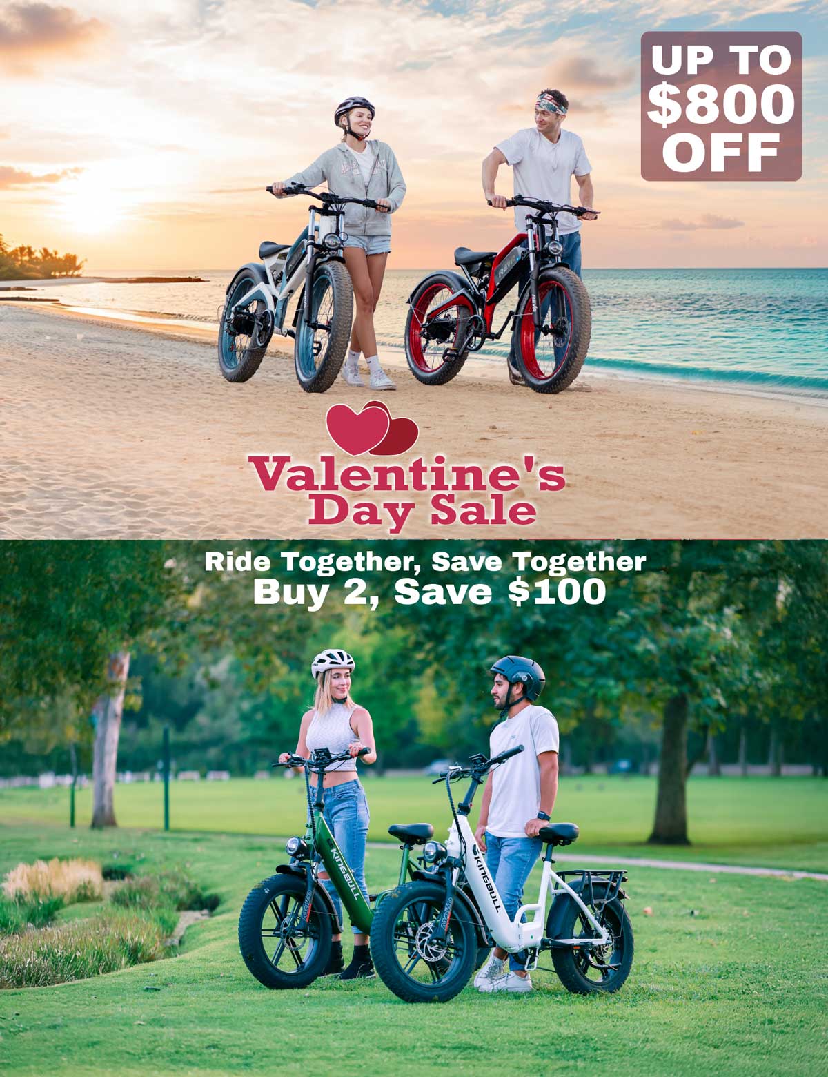 Couples riding electric bikes together with Valentine's Day sale promotion offering up to $800 off
