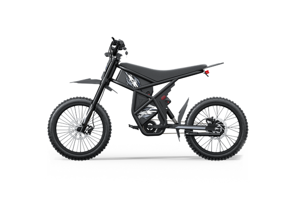 Black GT73 Pro electric motorbike with off-road tires, rear gear hub motor, dual removable lithium batteries, and LED lights.