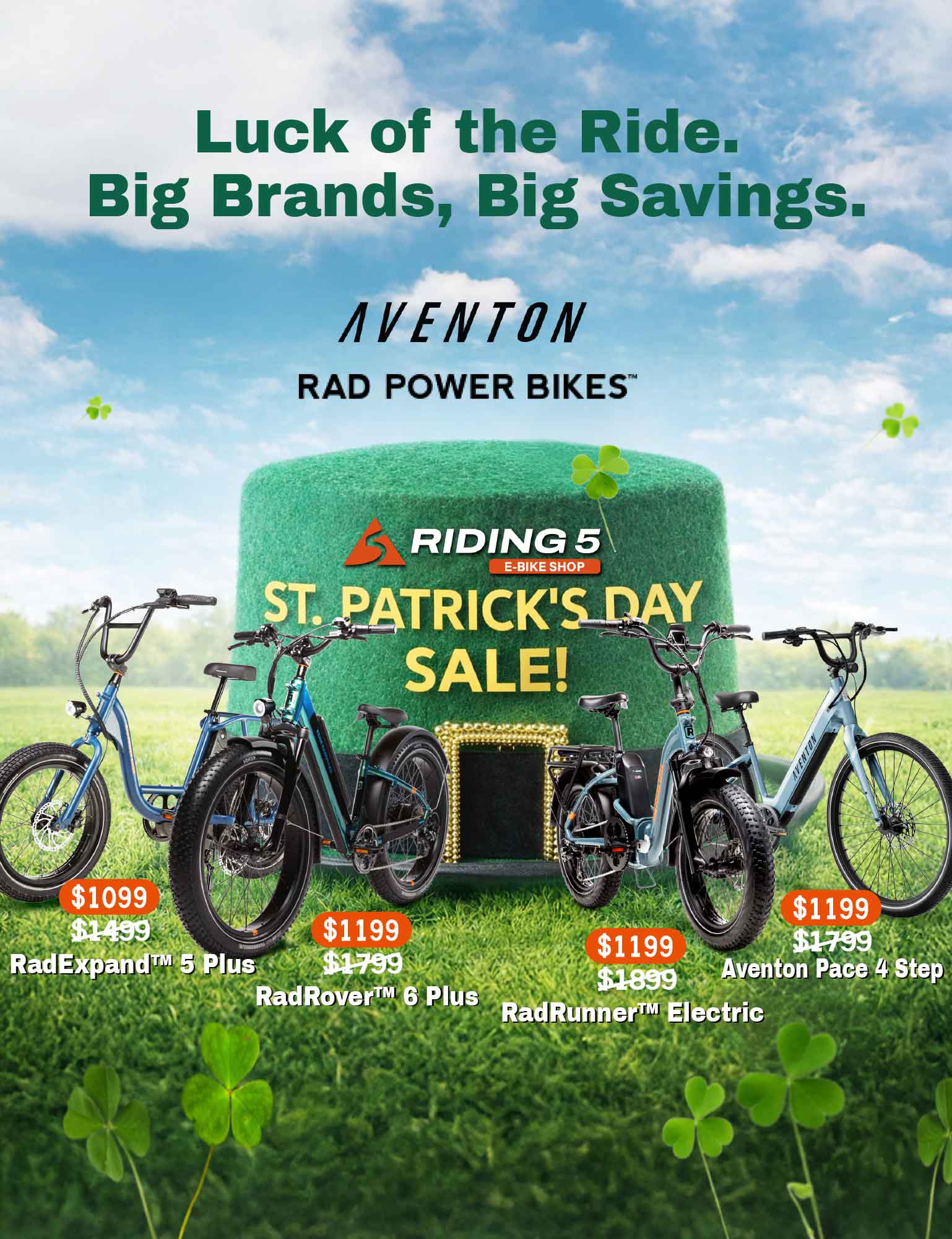 Riding 5 St. Patrick's Day Sale - Rad Power Bikes and Aventon e-bikes on sale, starting at $1099