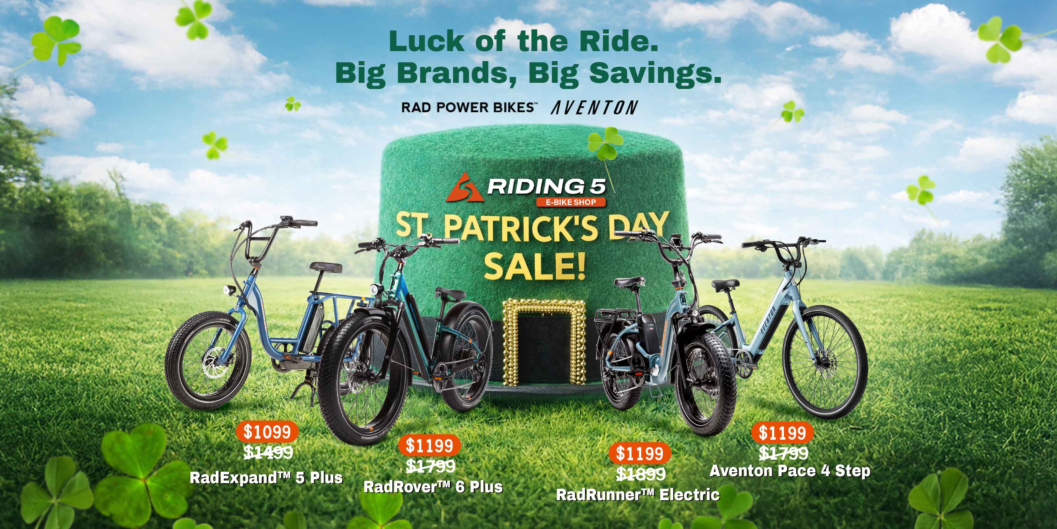 Riding 5 St. Patrick's Day Sale - Rad Power Bikes and Aventon e-bikes on sale, starting at $1099
