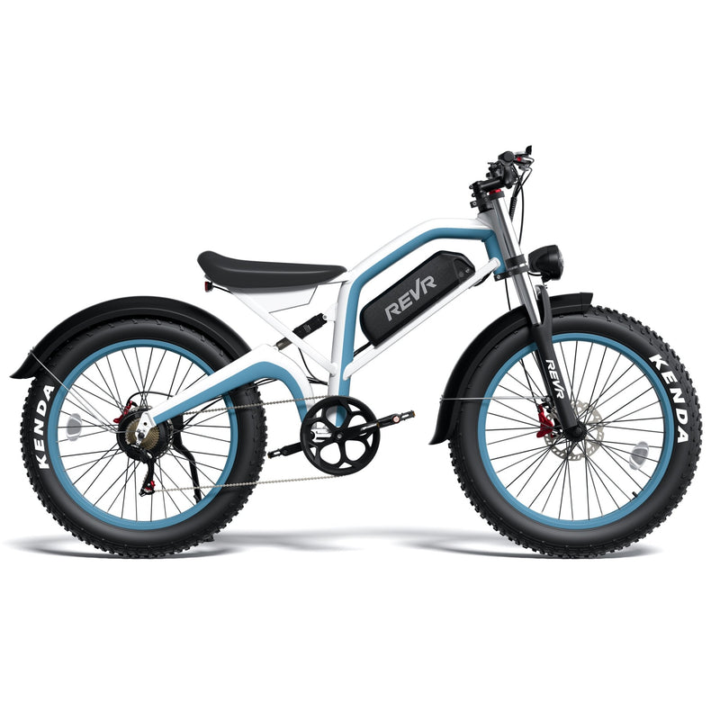 REVR TA7e Off - Road Electric Bike for Adults White + Blue - Riding 5 Electric Bike